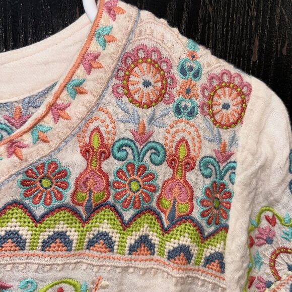 Johnny Was Workshop Tamia Boho Drape Top Size S Peach Floral Embroidered Cotton - Picture 4 of 9